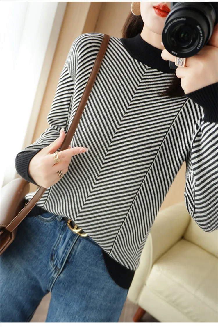 Women's autumn and winter 100% pure cotton knitted semi high neck pullover casual striped warm sweater fashionable hot selling