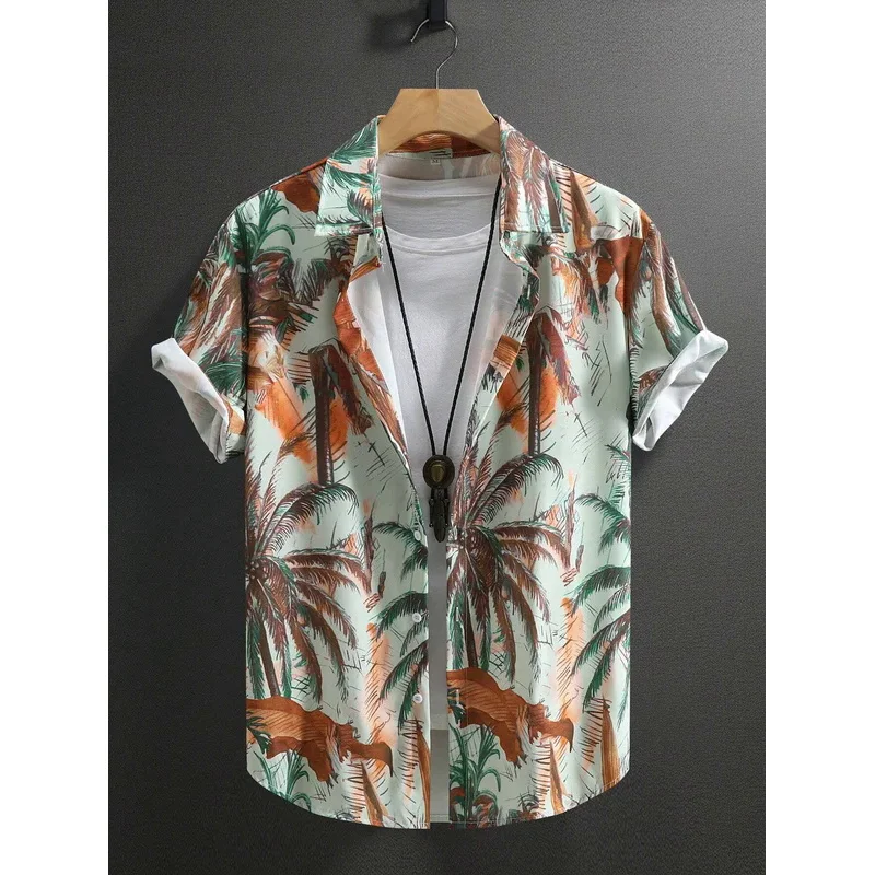 

Summer Coconut Tree Men'S Palm Graphics Shirt Summer Aloha Shirt Casual Turndown Short Sleeve Stretch Fabric Shirt Harajuku