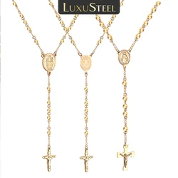 LUXUSTEEL Rosary Beads Cross Pendant Necklace Women Men Stainless Steel Prayer Jesus Long Link Chain Religion Christian Jewelry