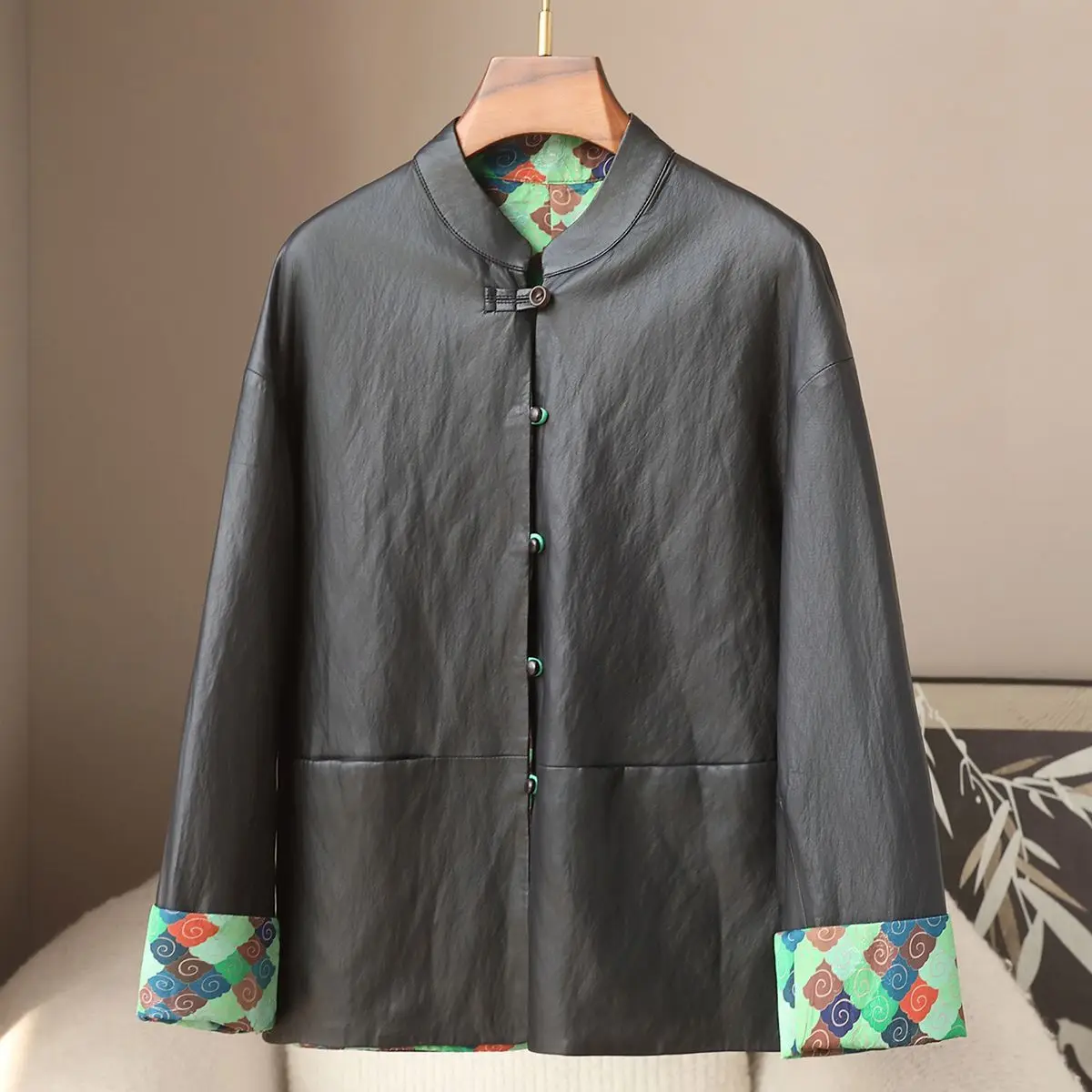 2026 Spring New Fashion Round Neck Pu Leather Jacket Double Sided Wearing New Chinese Coat for Women