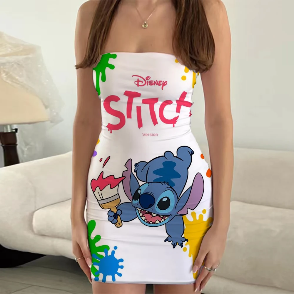 Sexy slim-fitting butt lift dress, casual and comfortable dress with Stitch cartoon pattern, one-line tube top cartoon print