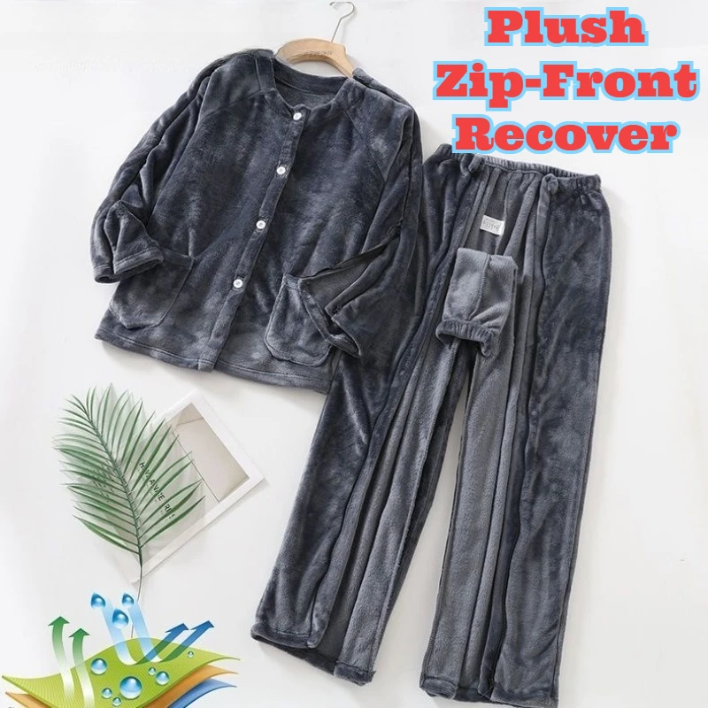 الرمز البريدي الدافئ الأمامي القطيفة استعادة الملابس المسنين طريح الفراش المرضى بعد الجراحة مريحة لينة السترة الكبار رعاية الزي #1