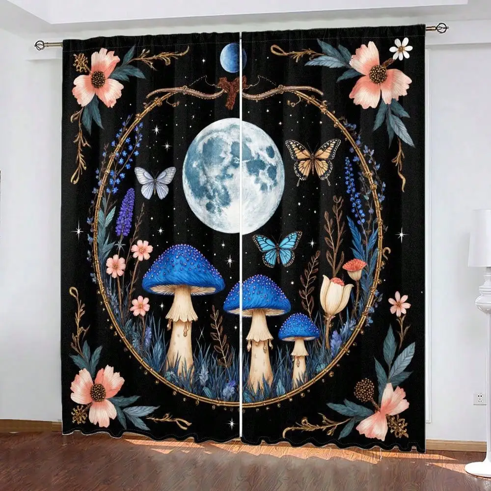 2pcs Enchanted Forest Blue Moon Curtain Set, Golden Ornate Floral Border Design, Whimsical Night Sky Botanical Mushroom