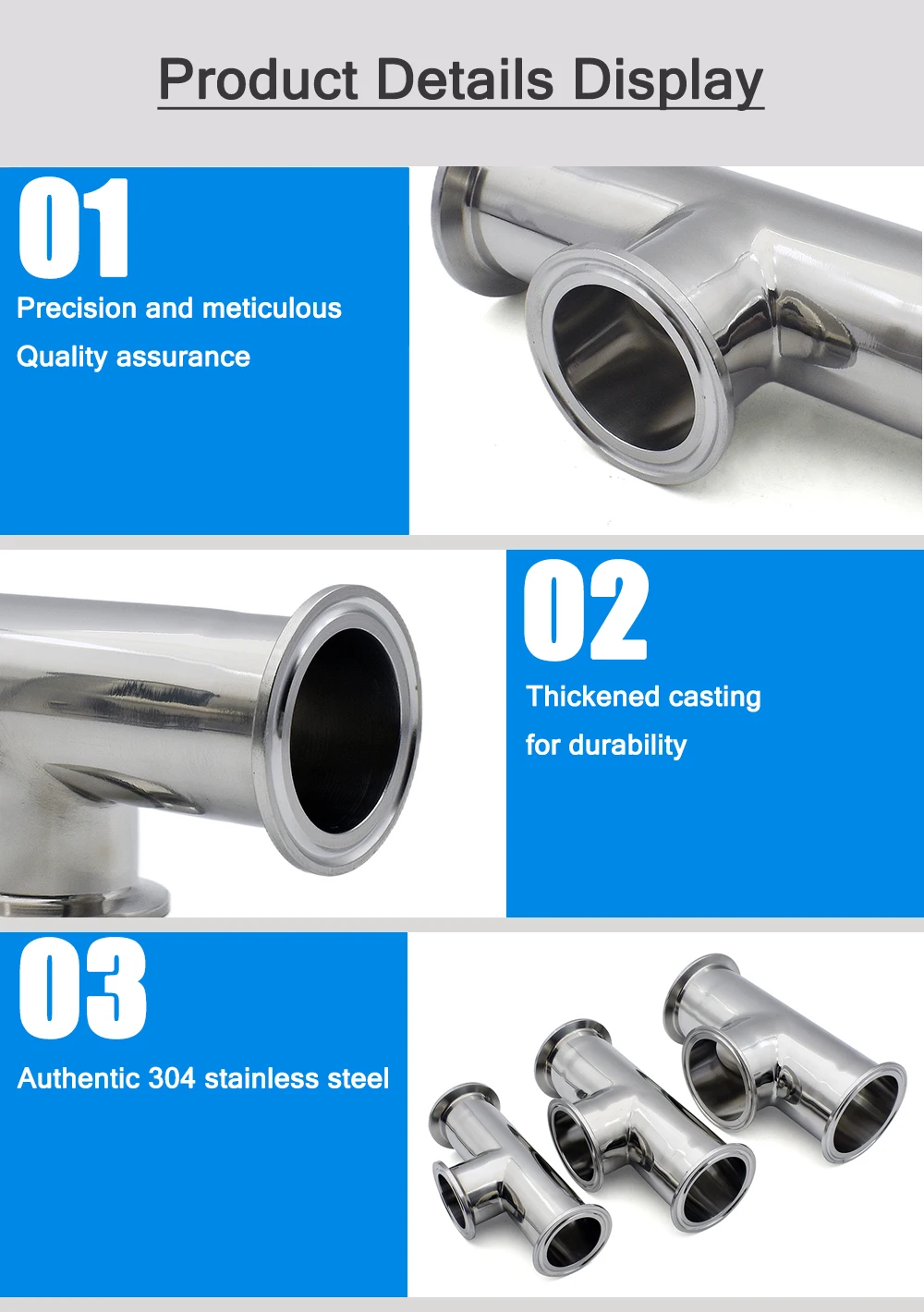SS304 Edelstahl Tri-Clamp T-Stück -1,5"-4" Reduzierstück mit niedrigem Hals und kurzem Auslass, hochdicht, leicht zu reinigen, für kommerzielle Anwendungen, Heimbrauen, Pharma und Lebensmittel – Detail 1