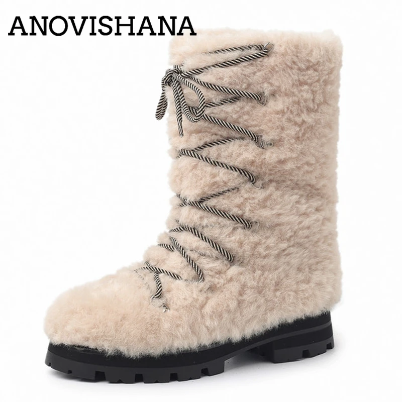ANOVISHANA 2027 Warm Plush Snow Boots Winter Fur Women Midcalf Boots 4cm Square Heel AntiSlip Outdoor Round Toe Strap Big 40