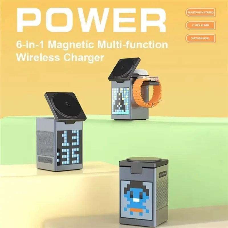 

-A02R 6 In 1 Magnetic Wireless Charger Stand Bluetooth Speaker Alarm Clock For Iphone 16 15 14 Pro Max Watch Pro