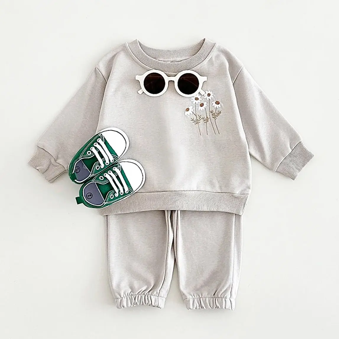 New Boys Girls Infant Baby Clothes Newborn Baby Long Sleeve Sweater Wool Daisy Embroidery Top+Solid Color Pants Kids Clothes