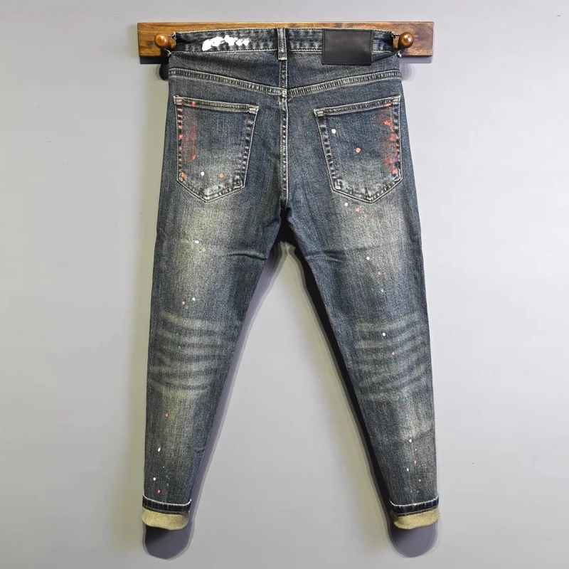 Y2K Street Designer Fashion Men Jeans Retro Washed Blue Stretch Slim Fit Painted Ripped Jeans Men Hip Hop Vintage Denim Pants