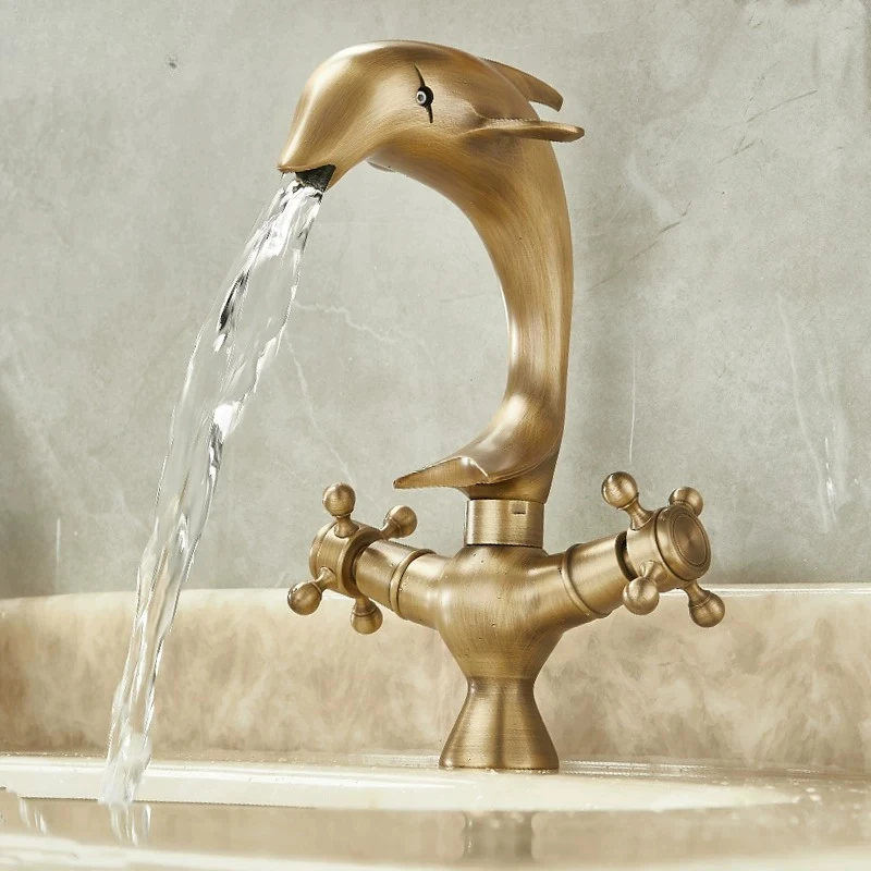 Dolphin Bathroom Sink Faucet Antique Brass Basin Faucet Double Handle Bathbasin Bathtub Taps Hot Cold Mixer Water Vintage Faucet