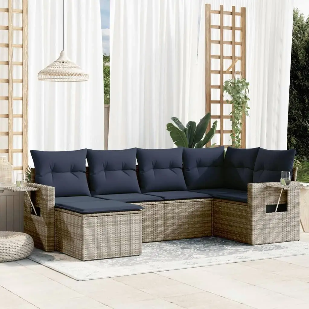 

6 Piece Gray Poly Rattan Patio Sofa Set with Soft Cushions Outdoor Furniture Garden Lounge Seating