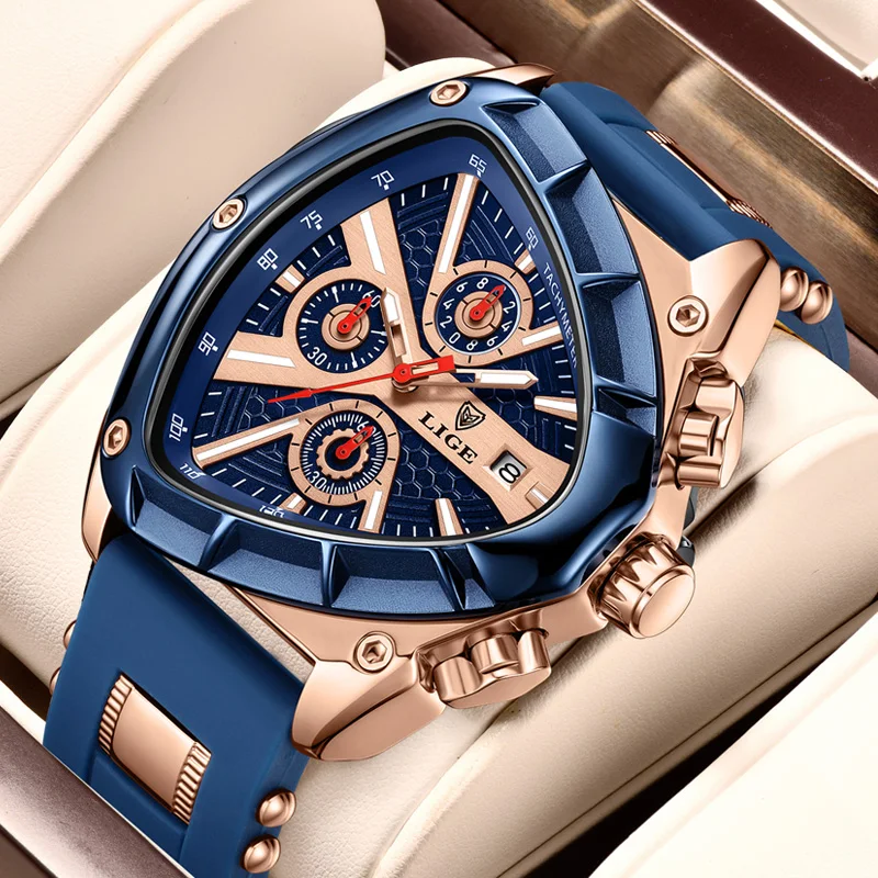 LIGE спортивные треугольные мужские часы со светящимися указателями, модный резиновый ремешок, военные нерегулярные кварцевые наручные часы, водонепроницаемые часы