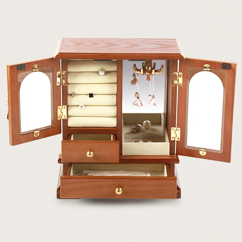 New Fashion Wooden Jewelry Boxes Retro Necklace Ring Ear Nail Jewelry Boxes Pure Large Capacity Creative Storage Box Decoration