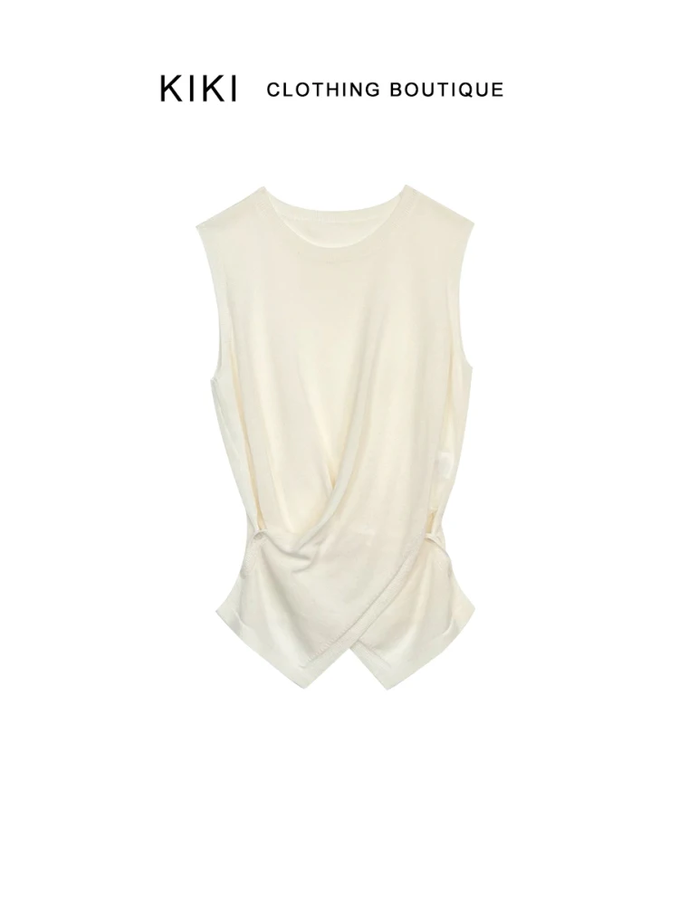 

Kiki Silk Blend Knitted Vest Cross Button round Ne Irregular Summer Top Commute Sle Loose Fit Color oulder Pad