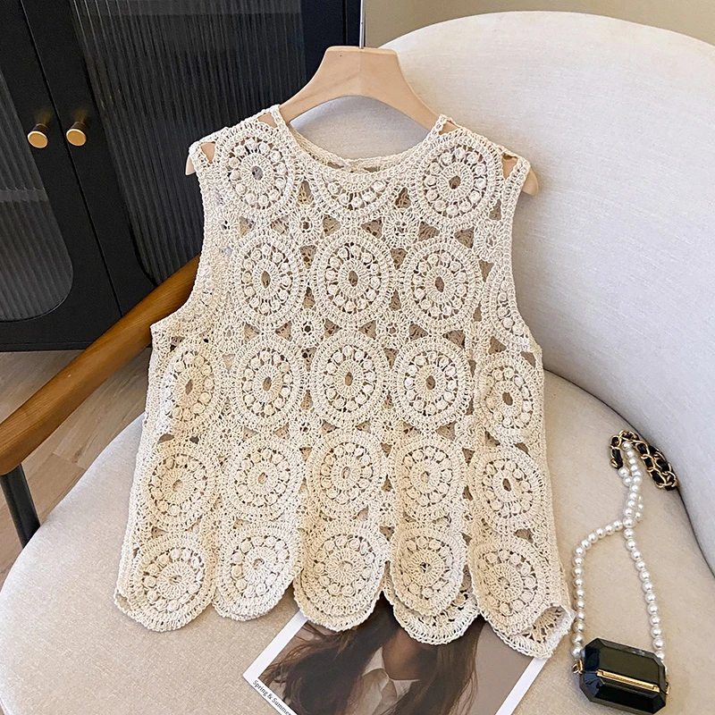 

Summer Knitted Vest Tops Sleeveless Hook Flower Hollow Out Blouse Round Neck Casual Women Embroidery Shirt