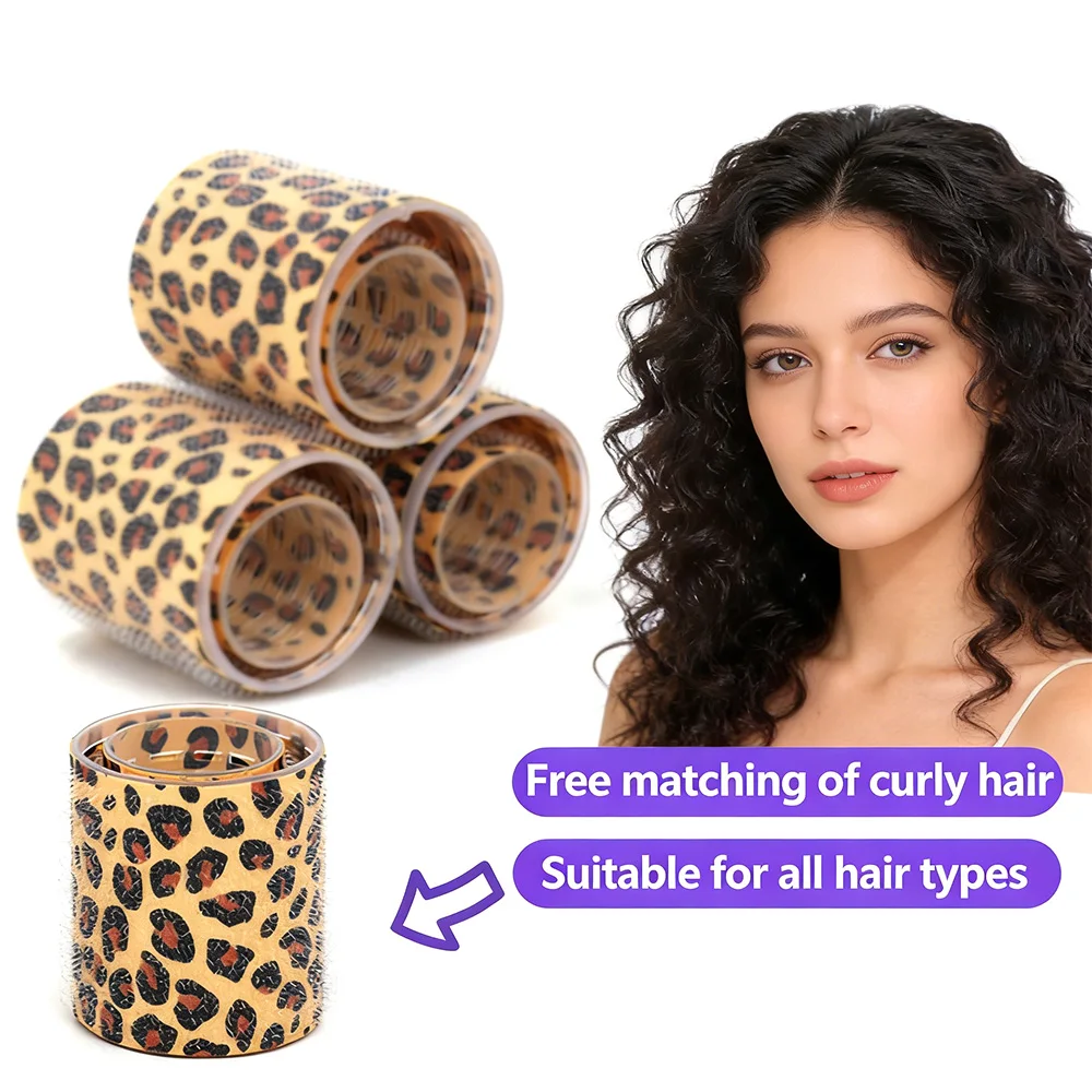 

3pcs/set 4cm Leopard Print Self-Grip Hair Rollers Heatless Salon Hook & Loop Curlers for Long Medium Short