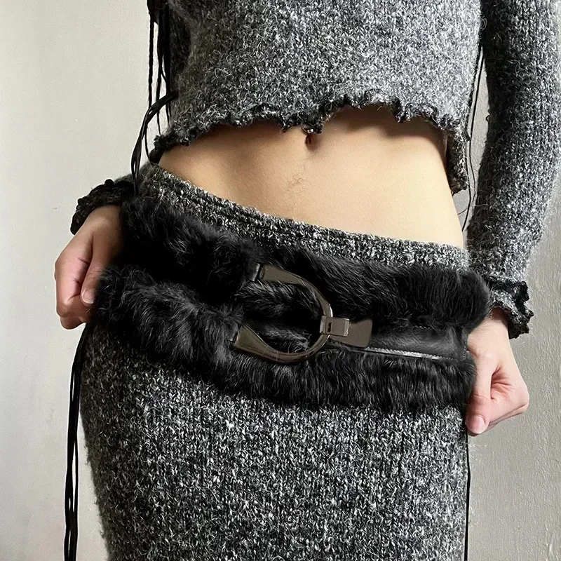 Vintage Brown PU Leather Fur Belt Y2K Hook Furry Fur Belt Cowgirl Gothic Punk Sexy Belts HipHop Waistband Jeans Pants Decor