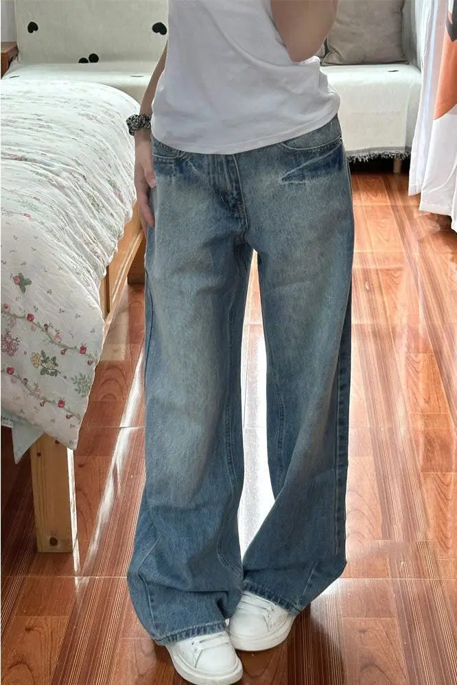 여성용 하이웨이스트 스플라이싱 아메리칸 패션 스택드 러플 플리츠 드레이프 스플릿 슬릿 비대칭 디테일 사이드 데님