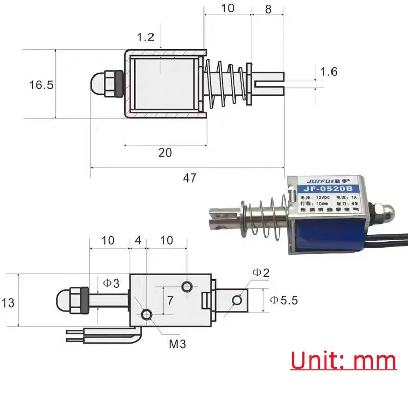 JF-0520B DC 12V 300mA 10 mm 40g type Push wet pull Solenoid electromagnet