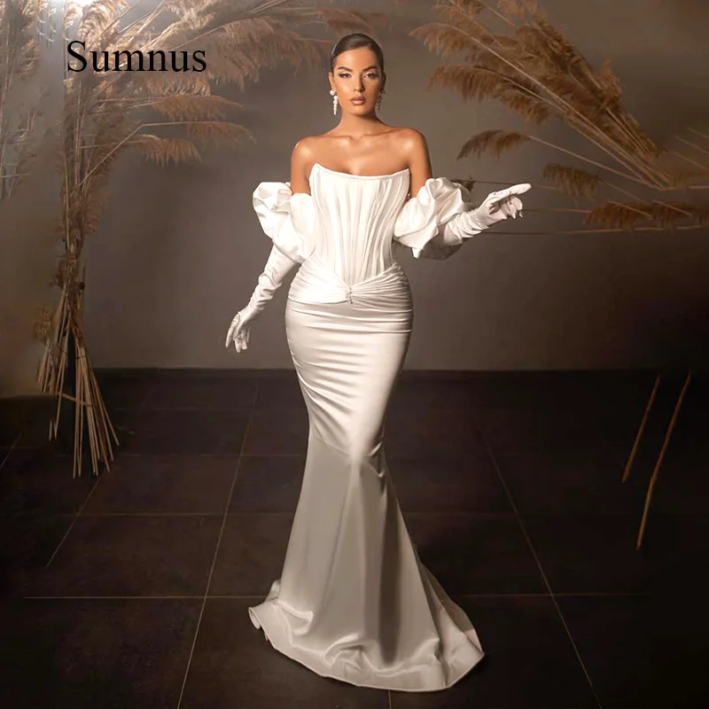 Ivory Mermaid Wedding Dress Scoop Neck Pleats Satin Bride Gowns Lace Up Sexy Wedding Gown Puff Sleeve Robe de Mariee 2024