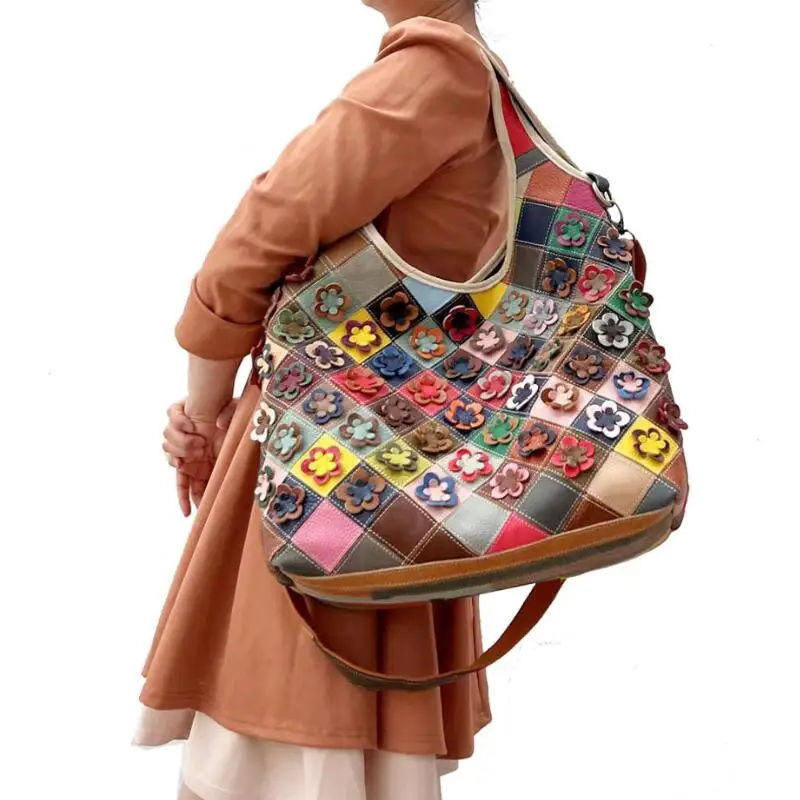 In Stock!Real 100% Genuine Leather Bags Women Hobo Patchwork Flower Handbags Ladies Tote Bag Colorful Freeship