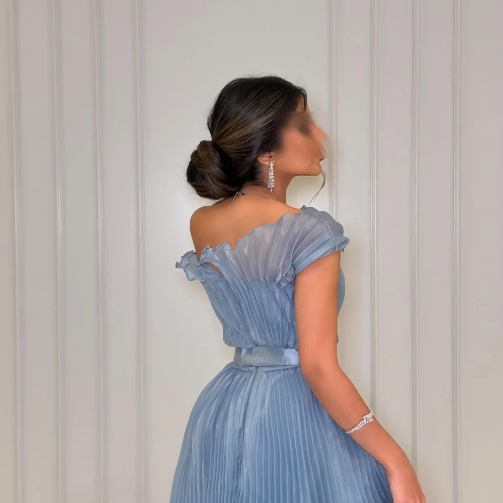 Bella Customized Blue One Shoulder Satin Mesh Fabric robes de soirée Strapless Evening Dresses Floor-Length Wedding Dress 2024