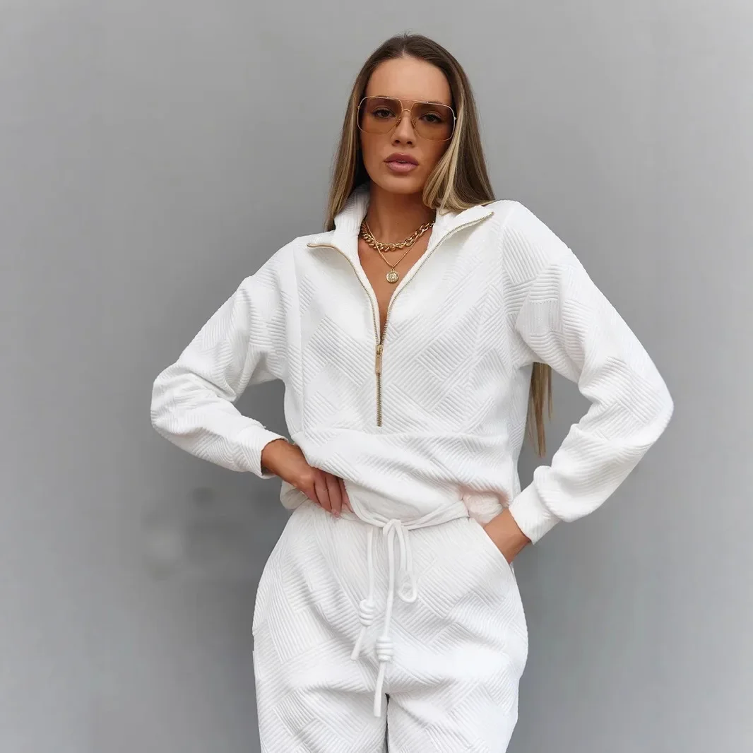 Tenue décontractée pour femmes, couleur unie, manches longues, fermeture éclair, haut ample, cravate à la taille, pantalon, ensemble deux pièces