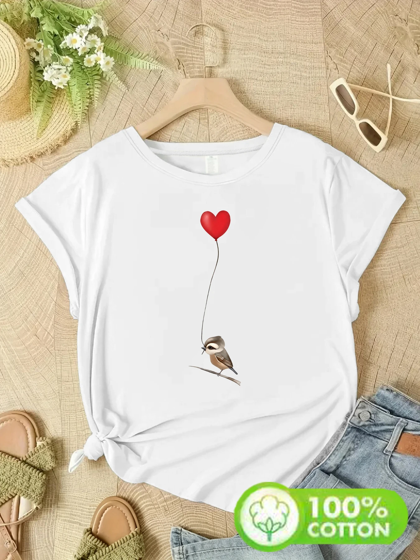 【ZXH323】Little Bird Balloon Printed Women's T-shirt Cotton Top Summer Short Sleeve Women's Cotton T-shirt Street Trendy Clothing