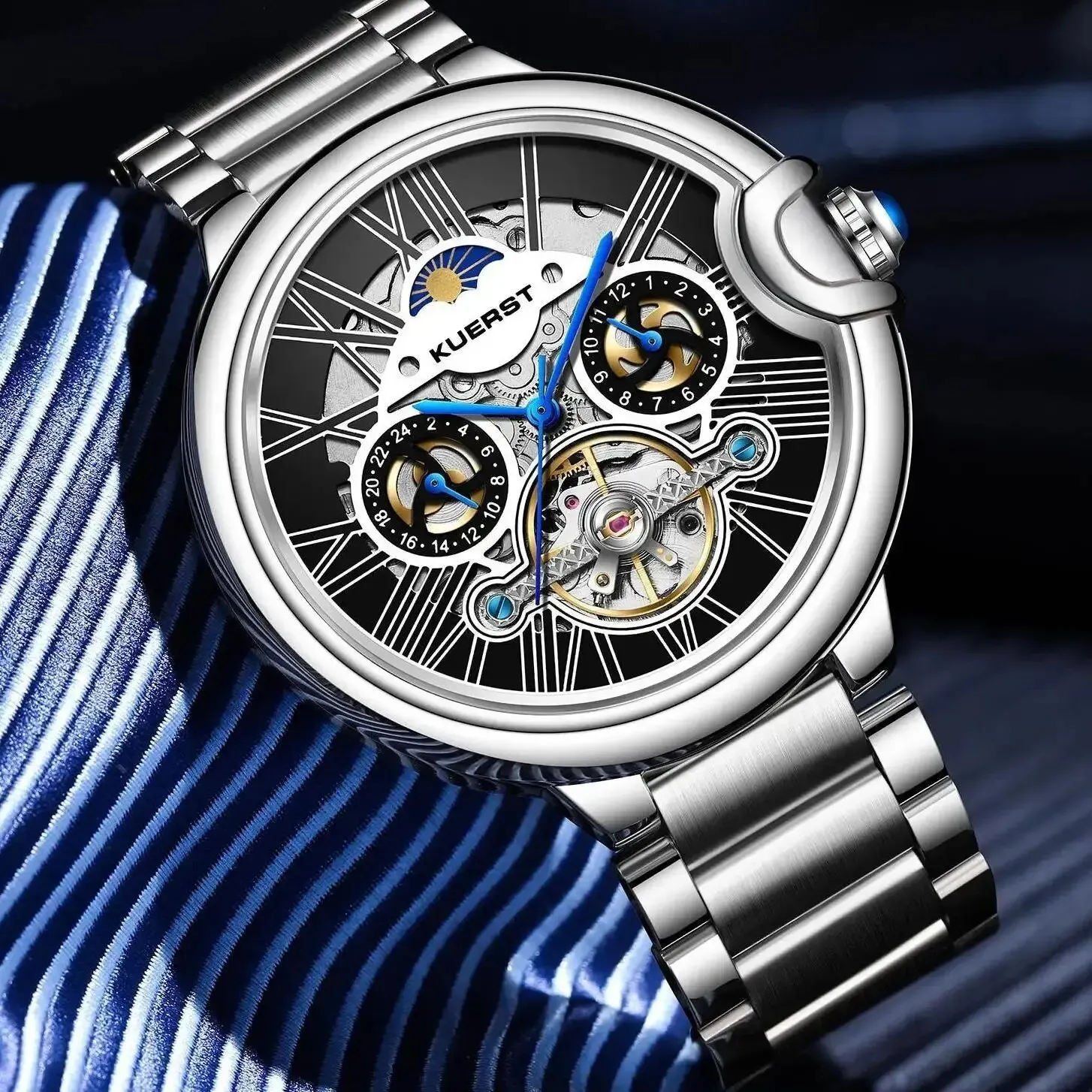 KUERST Day Star Double Press Bow Button Automatic Mechanical Multi Function Waterproof 24 Hours/flywheel Fashion Watch