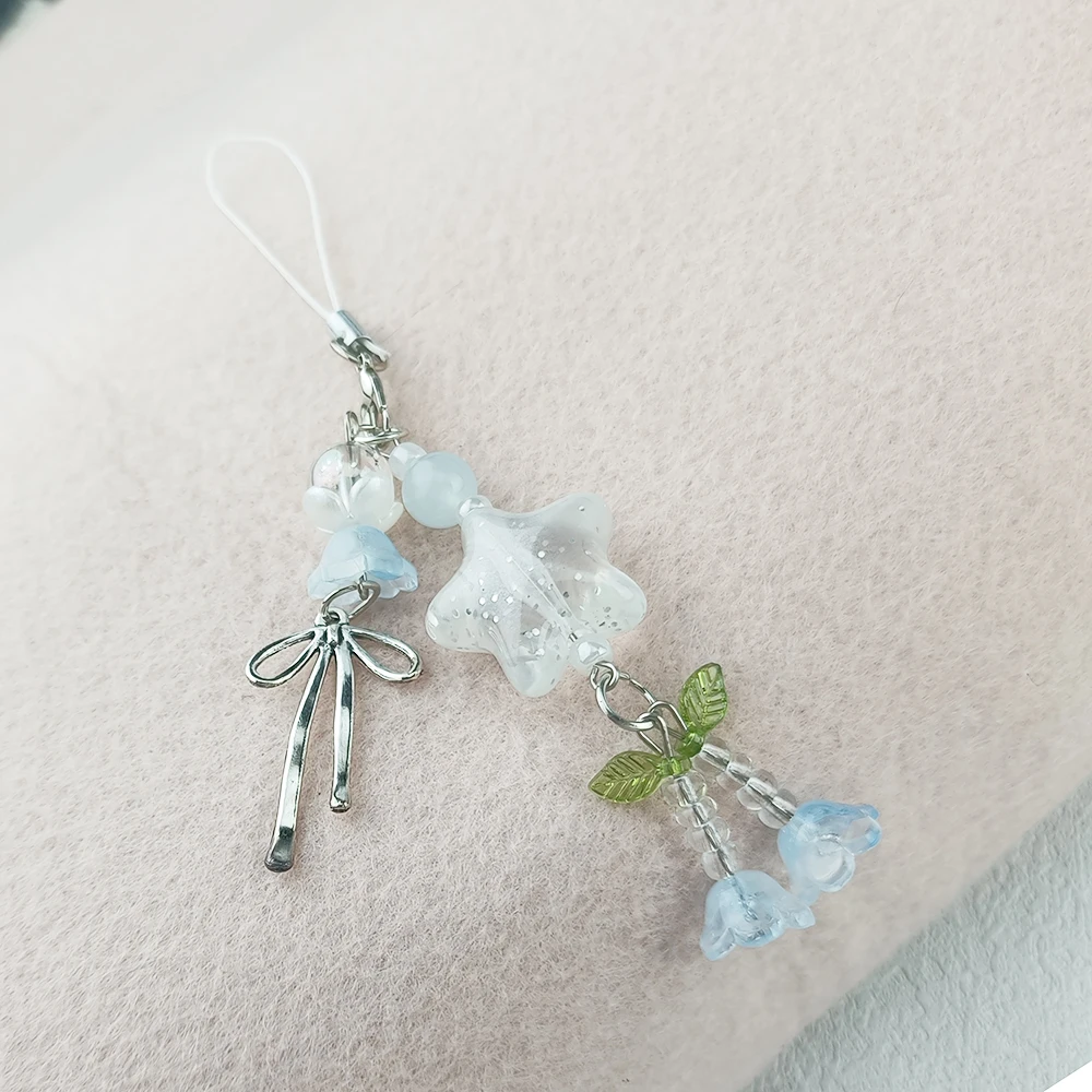 Y2K Star Bow Flower Keychain Blue Lily of the Valley Star Beaded Bowknot Keyring Korean Cute Paired Phone Charm Bag Pendant