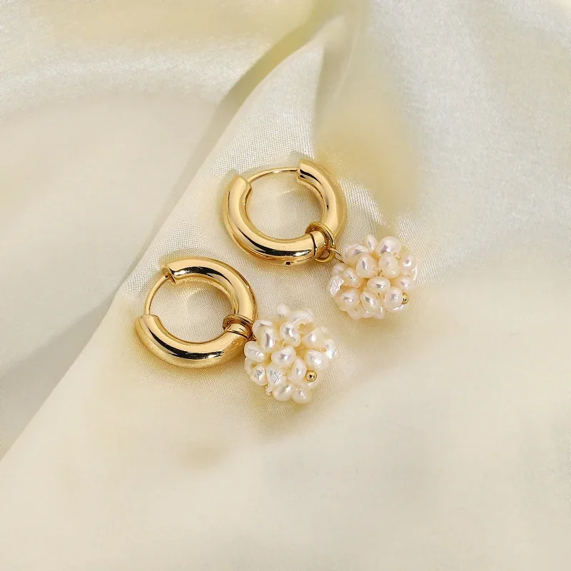 

Minar Elegant Natural Freshwater Pearl Flower Ball Hoop Earrings for Women 14K Real Gold Plated Copper Hooks Wedding Jewelry