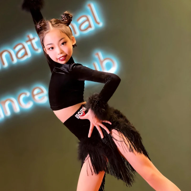 카우보이 삼바 룸바 댄스 투피스 세트 소녀용 무도회 댄스 대회 드레스 플러시 긴 소매 고급 라틴 댄스 드레스