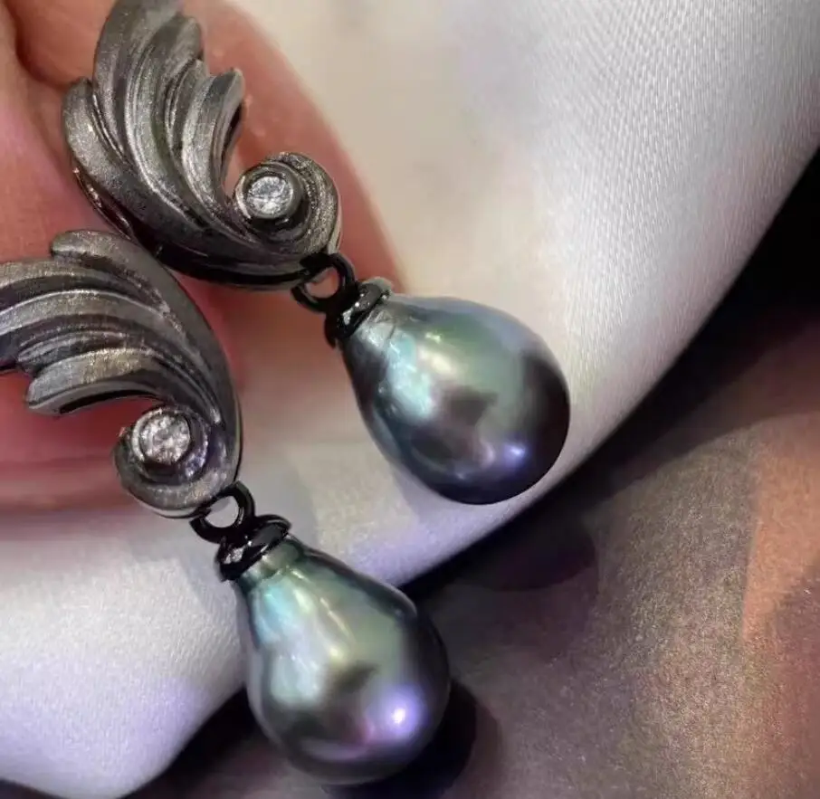 Stunning Pair of 10*13mm natural south sea black green drop pearl earring 925s
