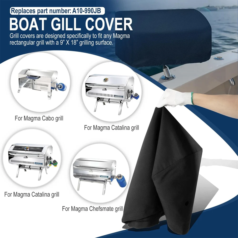 Boat Gill Cover for Magma Marine Rectangular Grill, BBQ Gill Cover, Waterproof, for 9' X 18' Grill, Black
