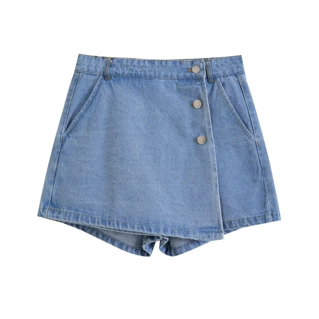 TRAF Summer Women Irregular Vintage Solid Color Mini Skirt Denim Skirt Short Female Chic Asymmetrical Button Skirt