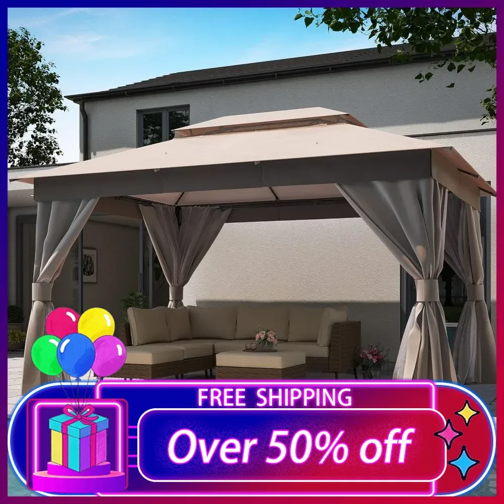 

Patio Gazebo10'x13'with Expansion Bolts,Heavy Duty Gazebos Shelter Party Tent with Double Roofs, Mosquito Net and Privacy Screen