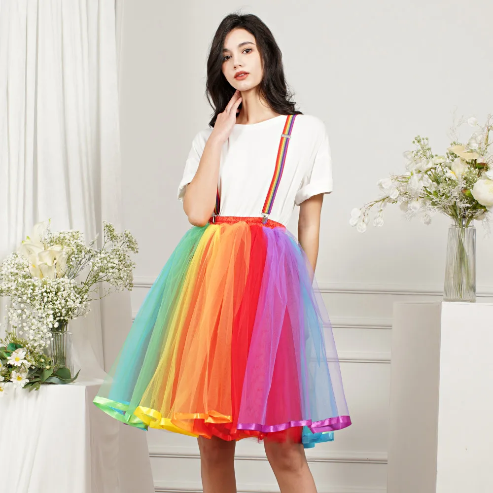 Women Rainbow Tutu Skirt 5 Layers Soft Short Tulle Mesh Pettiskirt Girls Christmas Halloween Cosplay Costumes Festival Outfits