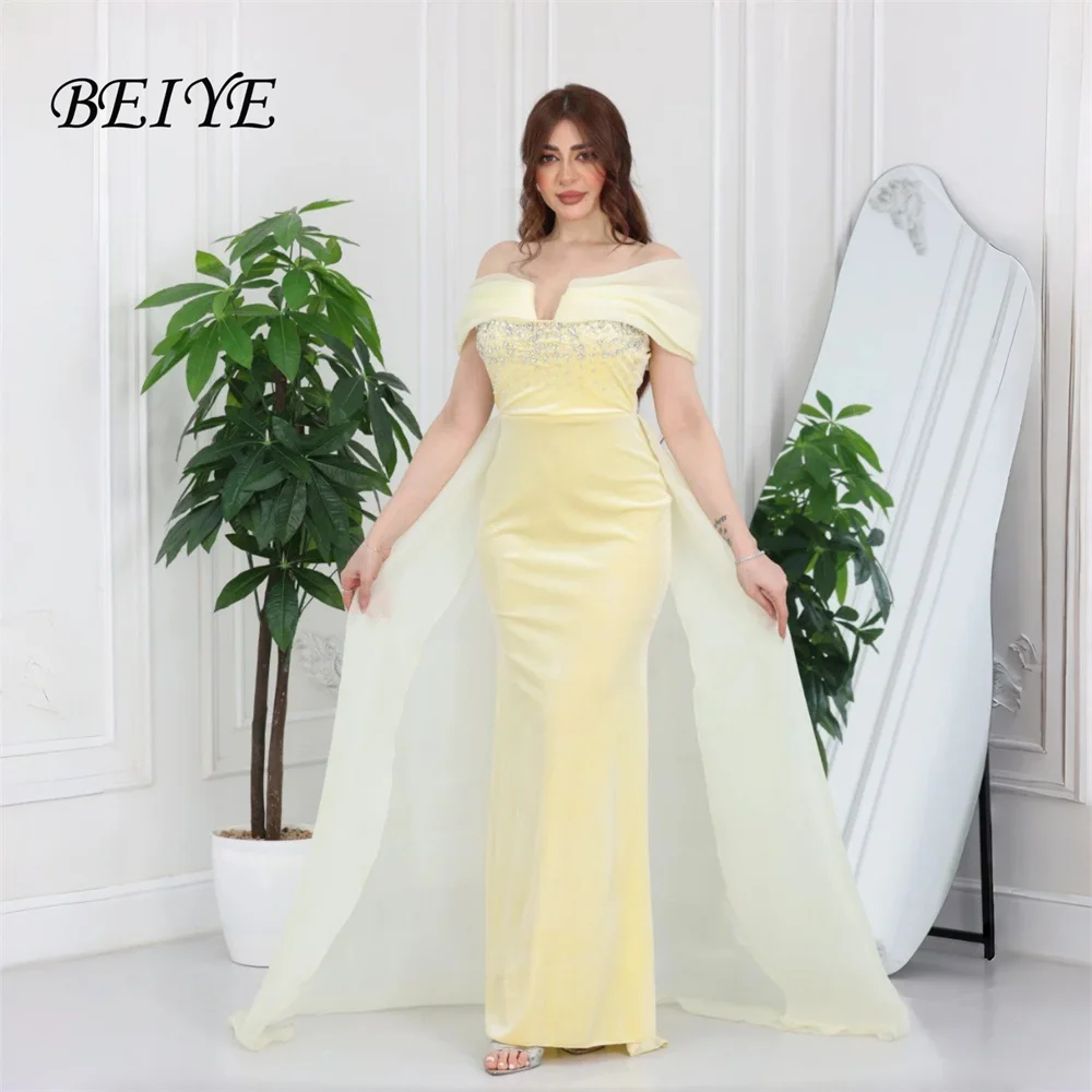 

BEIYE Princess Yellow Velvet Sheath Rhinestones Evening Dresses Off The Shoulder Party Gown Customized فساتين سهرات