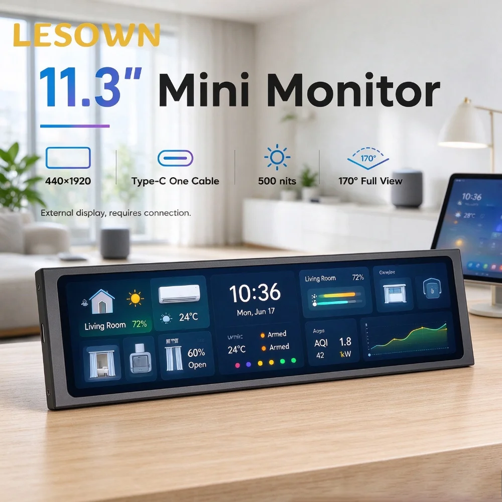 LESOWN 11.3 Inch Strip LCD Module P113 Series 440x1920 4:16 500cd m2 60Hz 1000:1 170 View DC5V1A Aluminum RPi Mount