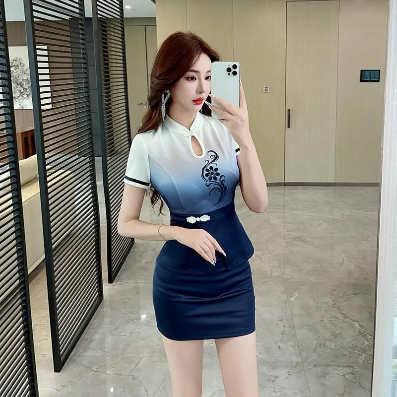 Gradient Color BlockingWoman Work Clothe Suit Hotel Beauty Salon Spa Massage Nail Cafe Sexy Foot Bath Technician Bodycon Skirt