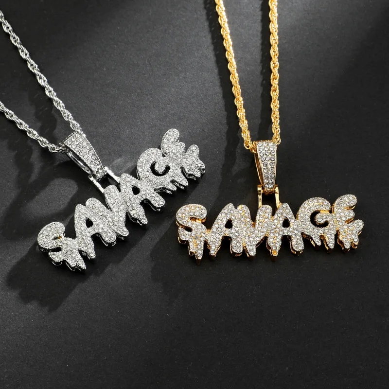 Hip Hop Shiny Ice Crystal Zirconia SAVAGE Letter Pendant Necklace for Men Women Punk Rock Street Party Cool Jewelry