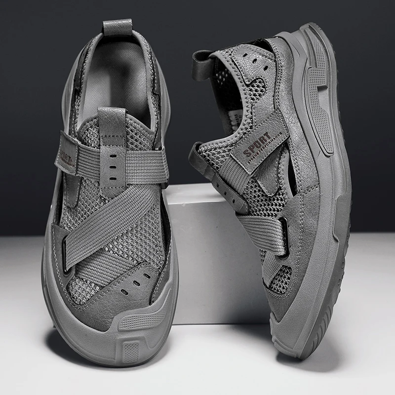 Men's Sandals Fall Outdoor Wear Anti-Slip Deodorant Mesh Shoes Driver Special Cap Toe Beach Shoes Breathable Thick Bottom