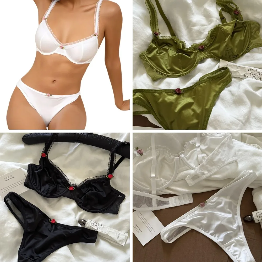 

Retro Green Silk Floral Lingerie Set, Push Up Bra & Briefs for Flattering Bust & Silhouette