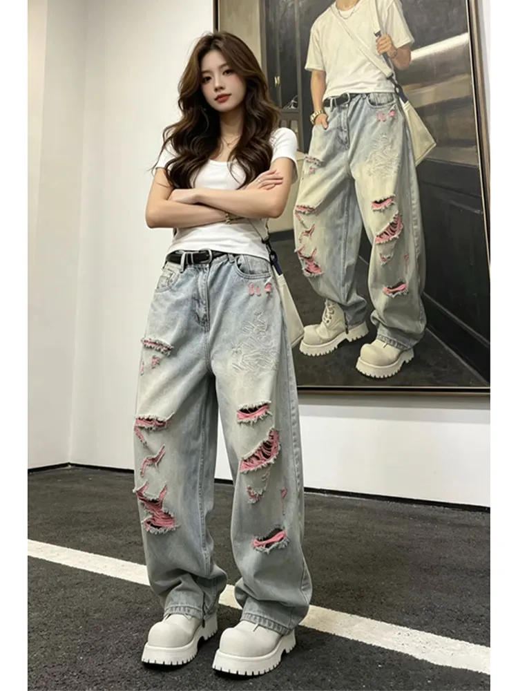 

Retro American Hole Denim Jeans Men's Summer Thin Straight Leg Wide Leg Pants High Street Vibe Wear Resistant Non Stretch