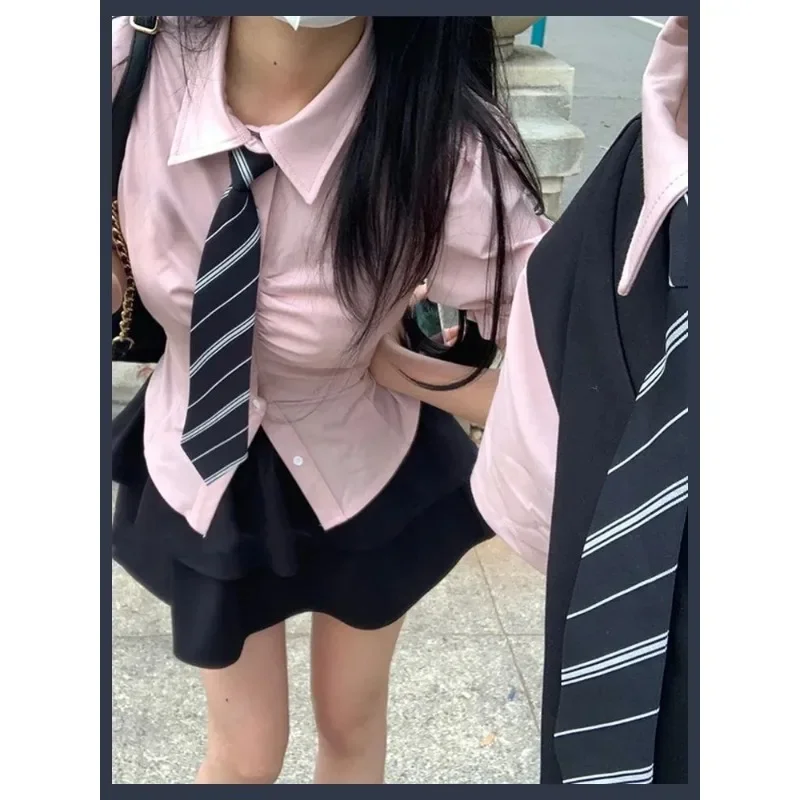 2023 Zomer Japanse Stijl Roze School Meisje Jk Uniform Vrouwen Y 2K Esthetiek Sweet Korte Mouw Slim Shirt Zwarte Tutu Rok