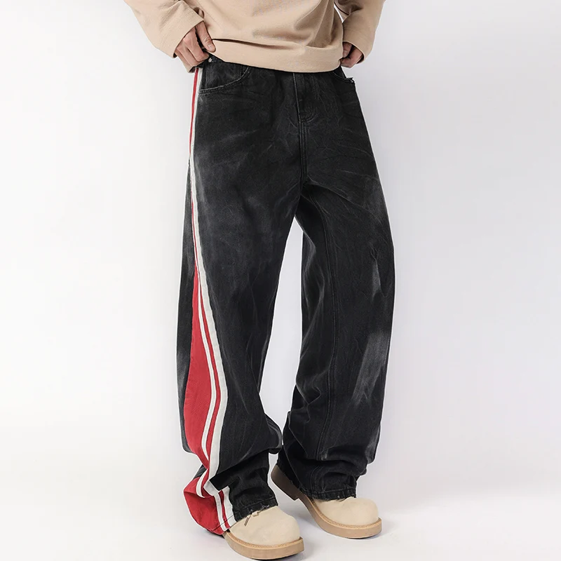 Men Streetwear Fashion Side Splice Hip Hop Loose Casual Wide Leg Straight Baggy Jeans Pant Cityboy Jeans Pants Trousers