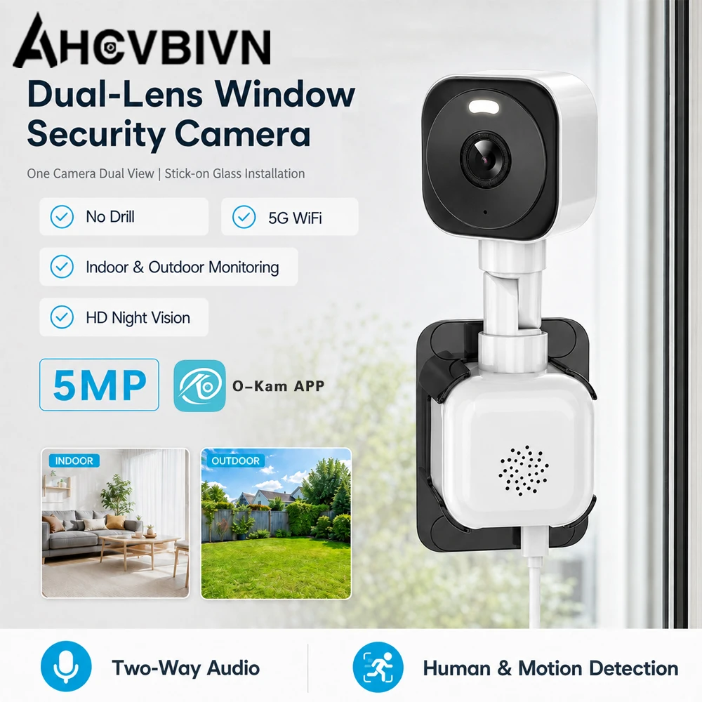 5MP Dual‑View Window Security Camera Dual‑Lens Stick‑on Glass Cam Color Night Vision AI Human Detection Indoor Outdoor Surveilla