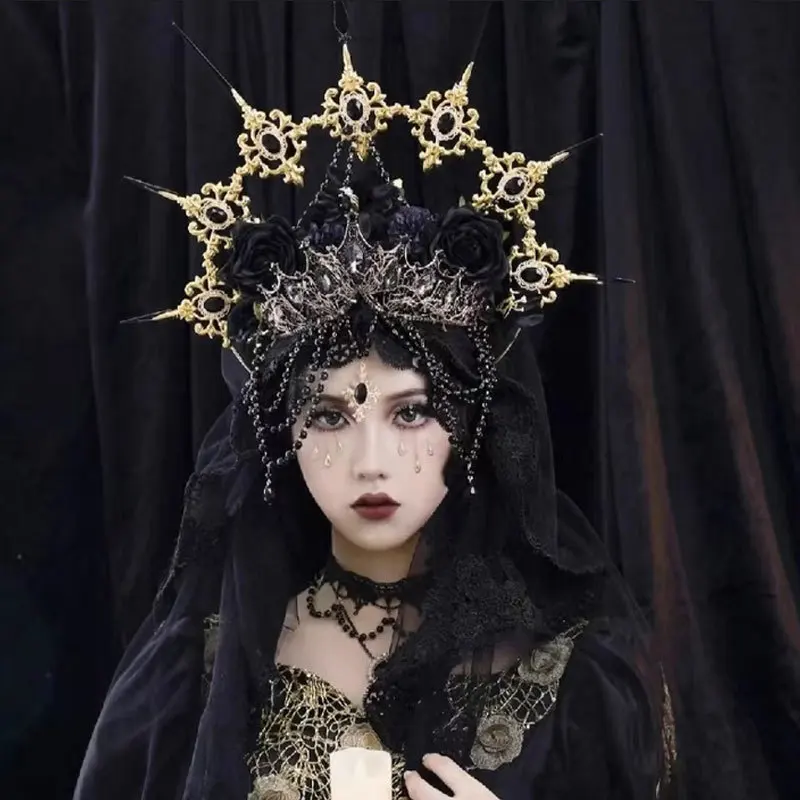 New Halloween Hair Accessory Dark Style Dress Up Cos Lolita Madonna Halo Crown Headpiece Gothic Hair Crown High-End Decoration