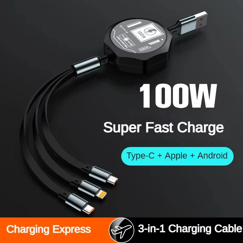 3 in 1 Retractable USB 100W Cable Fast Charging Micro USB 5A Type-C Android Suitable for iPhone Xiaomi Huawei Samsung Charging