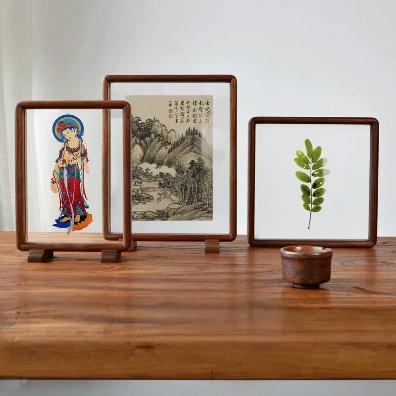 Double Sided Transparent Rounded Tenon And Mortise Photo Stand, Black Walnut Wood, Chinese Style A4A3 Acrylic Display Frame