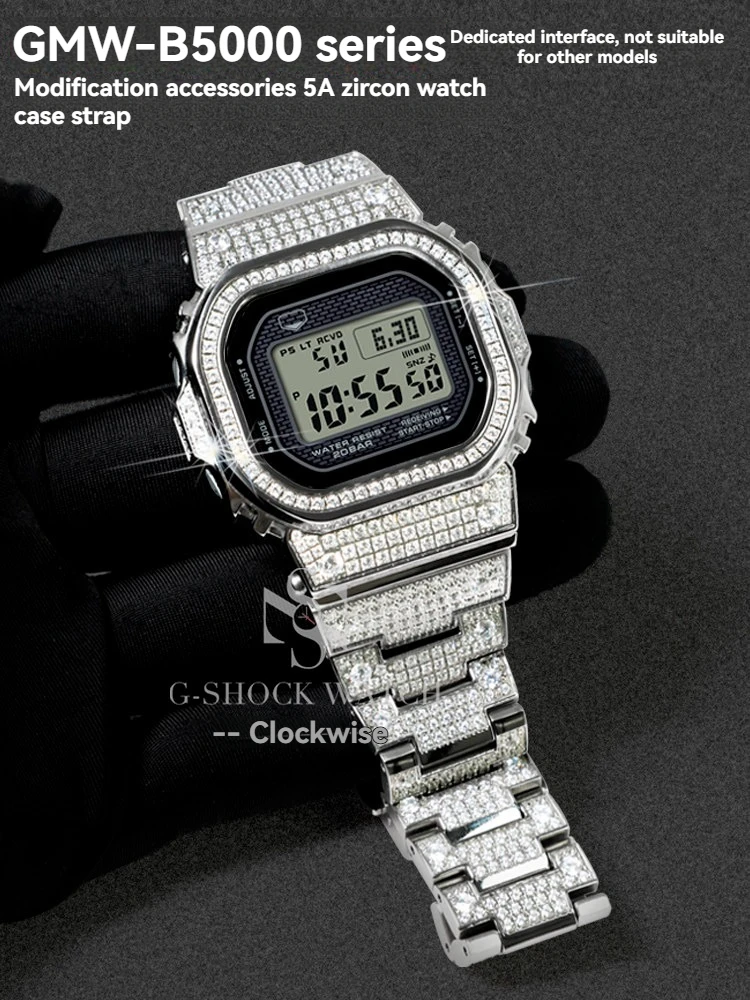 Silver Brick GMW-B5000 Custom Metal Case with Diamond-Studded Stainless Steel Engraved Case and Camouflage Watch Accessories